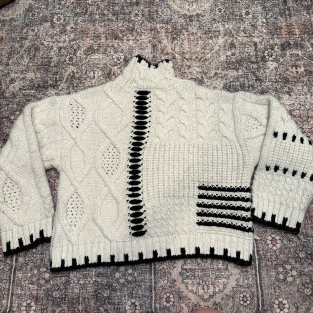 Zara Chunky Cable Knit Sweater | Black & Ivory Graphic | Mock Neck | Oversized S - Picture 3 of 6